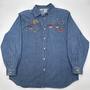 VTG Capacity Embroidered Fall Harvest Farm Flowers Denim Button Up Size X-Large